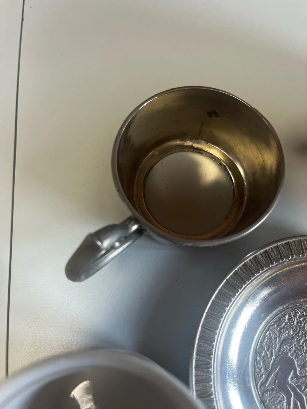 Vintage Zajecar Italy EP Zinc Art Style Porcelain & Pewter Espresso Cups Sugar - Picture 4 of 10